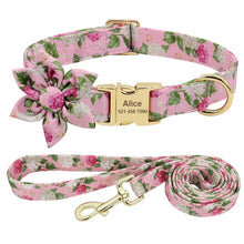 Load image into Gallery viewer, Custom Engraved Dog Collar With Leash Nylon Printed Dog ID Collars Pet Walking Belt For Small Medium Large Dogs Flower Accessory