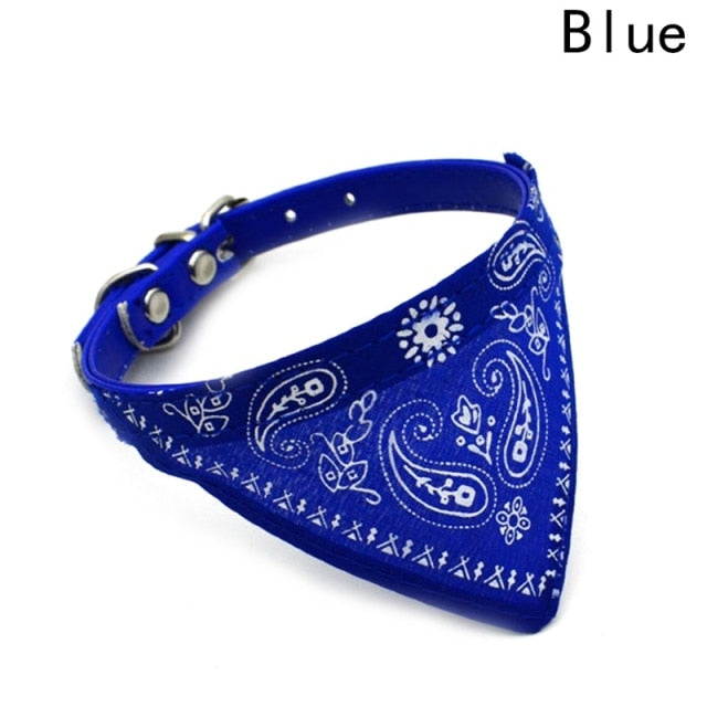 Dog Bandana Collar Adjustable Cat Pet Neckerchief PU Collar with Printed Triangular Scarf Pet Bandana Collar Adjustable Size