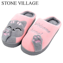 Load image into Gallery viewer, Cat Animal Prints Cute Home Slippers Short Plush Warm Soft Cotton Women Slippers Loves Floor Indoor Shoes Women Large Size 45
